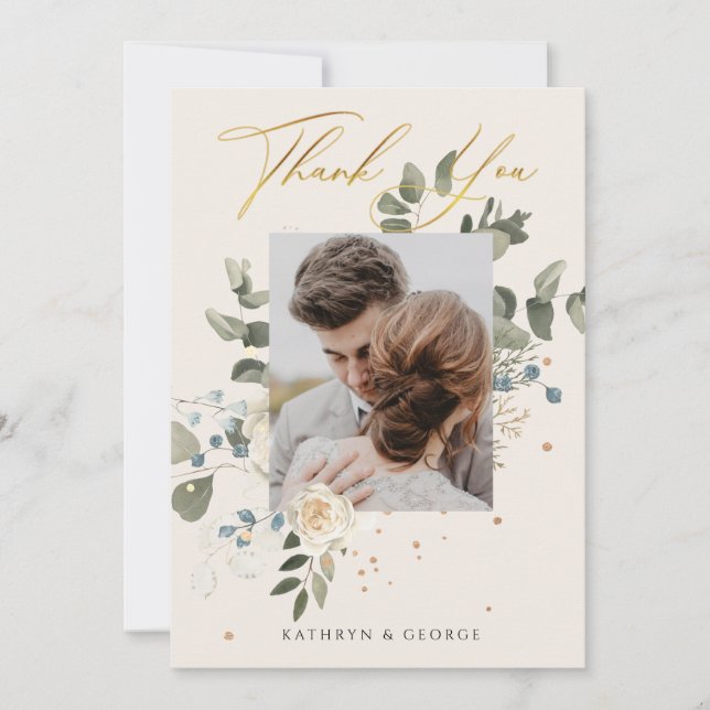 Carte De Remerciements Belle Floral Gold Calligraphie Mariage Photo (Devant)
