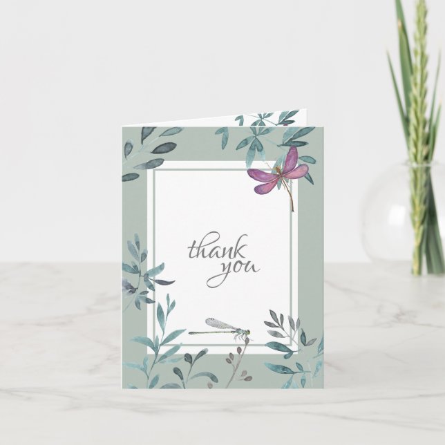 Carte De Remerciements Belle libellule d'aquarelle et jardin vert (Devant)