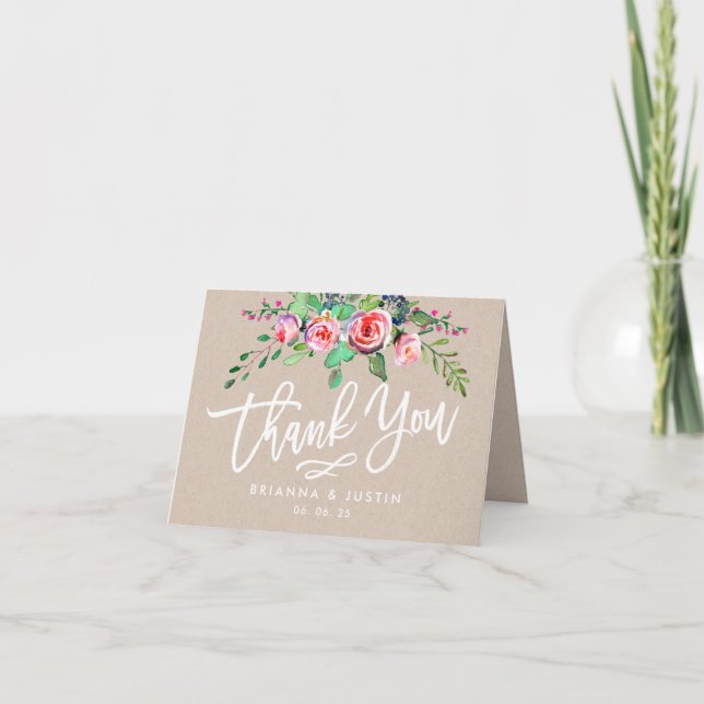 Carte De Remerciements Belle Remerciement de Mariage Floral Rustique Kraf (Devant)