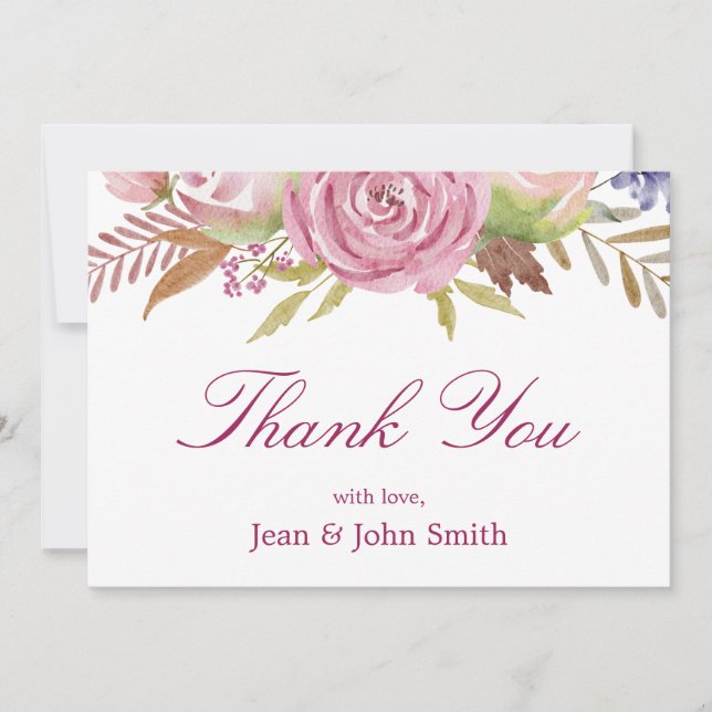 Carte De Remerciements Belles Fleurs Roses Avec Feuilles (Devant)
