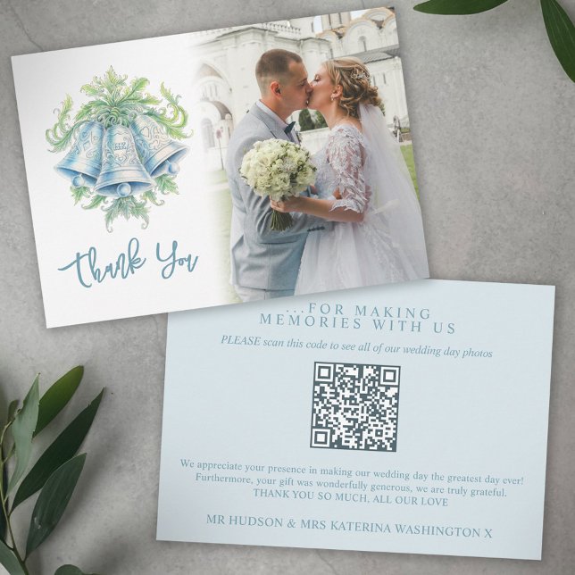 Carte De Remerciements Bells vert bleu gris mariage photo QR Code (Créateur téléchargé)