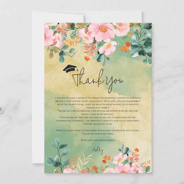Carte De Remerciements Beown rose aquarelle fleurie graduation botanique (Devant)