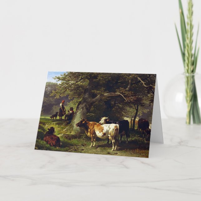 Carte De Remerciements Berger et troupeau de vache à l'étang (Devant)