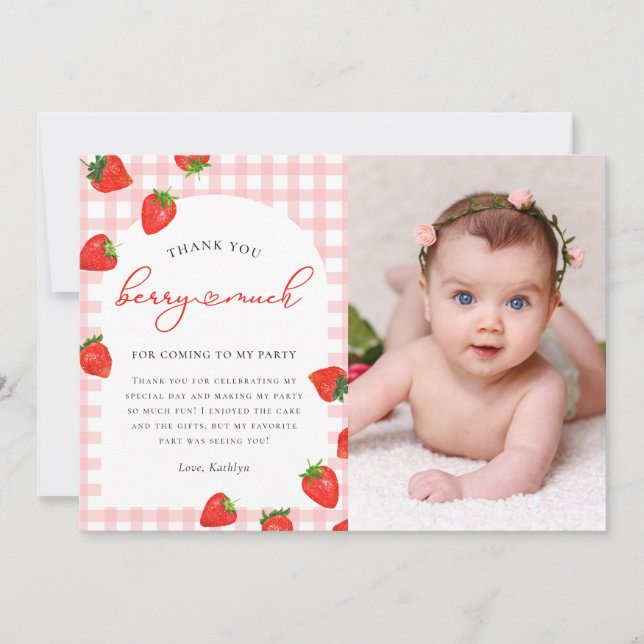Carte De Remerciements Berry rose fraise Plaid En vichy Anniversaire (Devant)