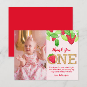 Carte De Remerciements Berry Sweet Red Strawberry 1st Birthday Girl Photo