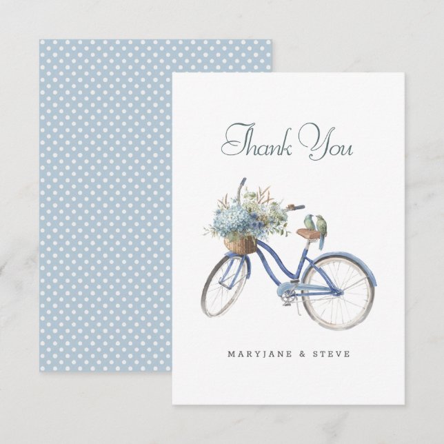 Carte De Remerciements Bicyclette Bleue Bohème Floral Aquarelle Mariage (Devant / Derrière)