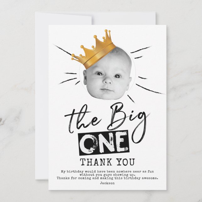 Carte De Remerciements Big One First Birday Photo Noir Blanc (Devant)