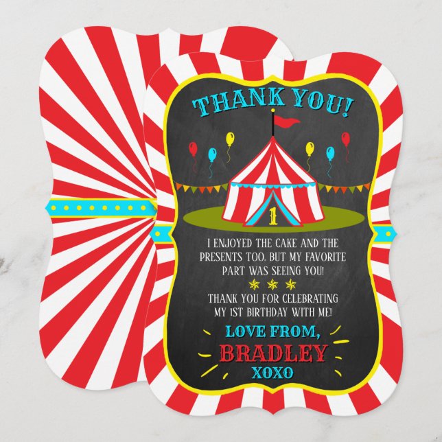 Carte De Remerciements Big Top Carnival Carnival Chalkboard 1er anniversa (Devant / Derrière)