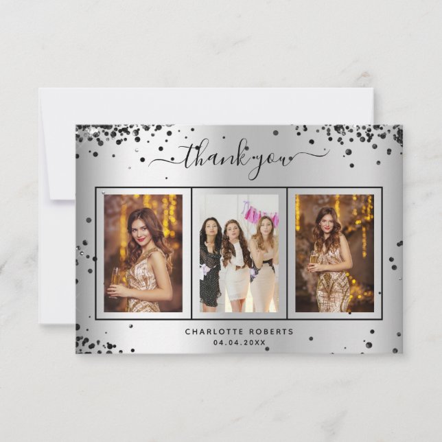 Carte De Remerciements Birthday argent noir parties scintillant scintille (Devant)