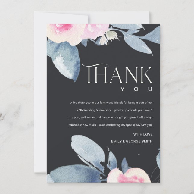 CARTE DE REMERCIEMENTS BLACK BLUSH BLEU FLORAL 25E TOUTE ANNÉE ANNIVERSAI (Devant)