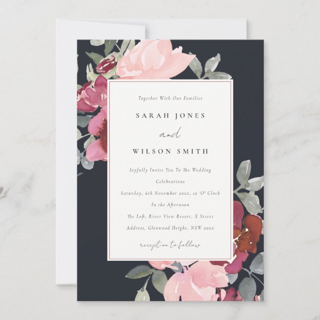CARTE DE REMERCIEMENTS BLACK BLUSH BURGUNDY ROSE FLORAL INVITE (Devant)