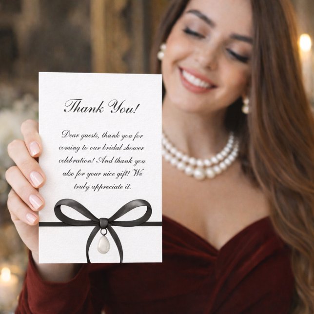 Carte De Remerciements Black Bow With Pearl Old Money Style Bridal Shower (Black Bow With Pearl Old Money Style Bridal Shower Thank You Card)