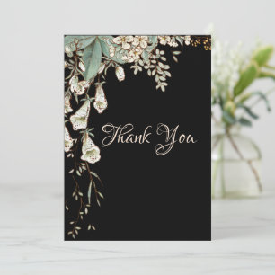 Carte De Remerciements Black Floral Garland Script Mariage élégant