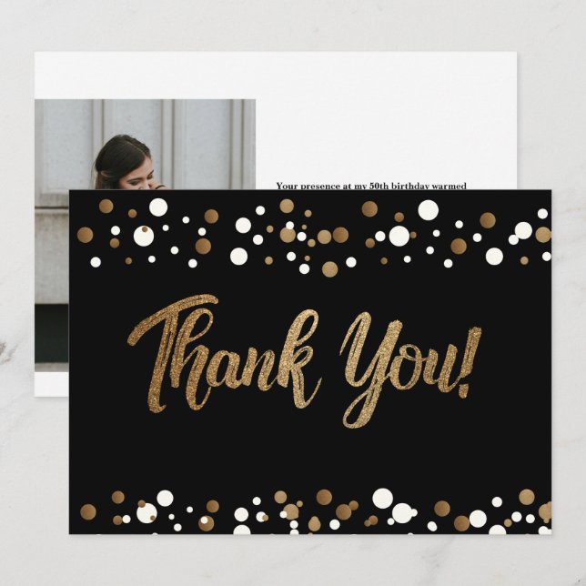 Carte De Remerciements Black Gold Confetti 50e anniversaire Photo personn (Devant / Derrière)