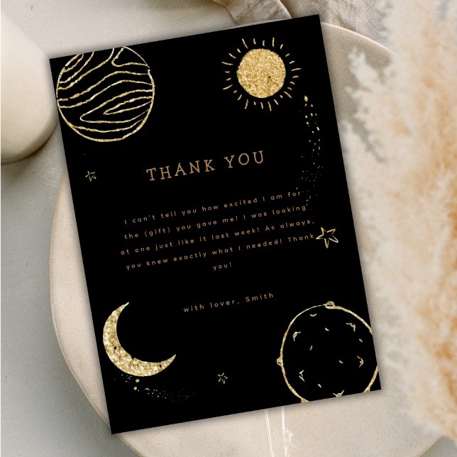 Carte De Remerciements Black Gold Espace extra-atmosphérique Lune Star Ba (Black Gold Outer Space Moon Star Boy Baby Shower Thank You Card)