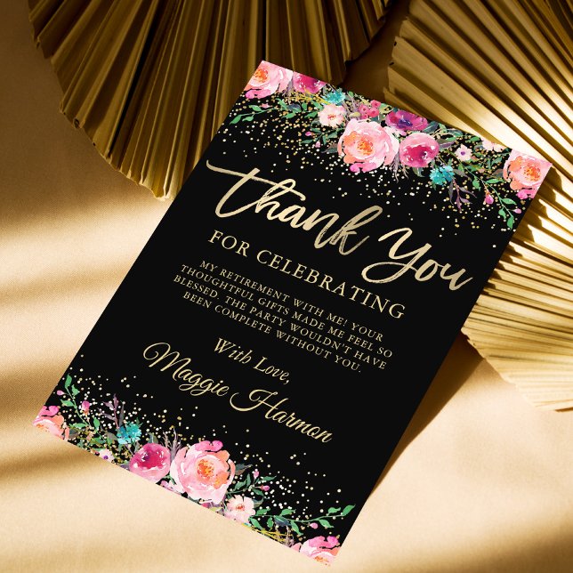Carte De Remerciements Black Gold Floral Surprise Retraite Party (Créateur téléchargé)
