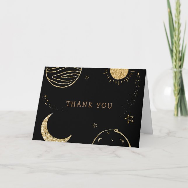 Carte De Remerciements Black Gold Galaxy Lune Star Baby shower garçon (Devant)