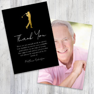 Carte De Remerciements Black Gold Golfer Photo Sympathy Funérailles