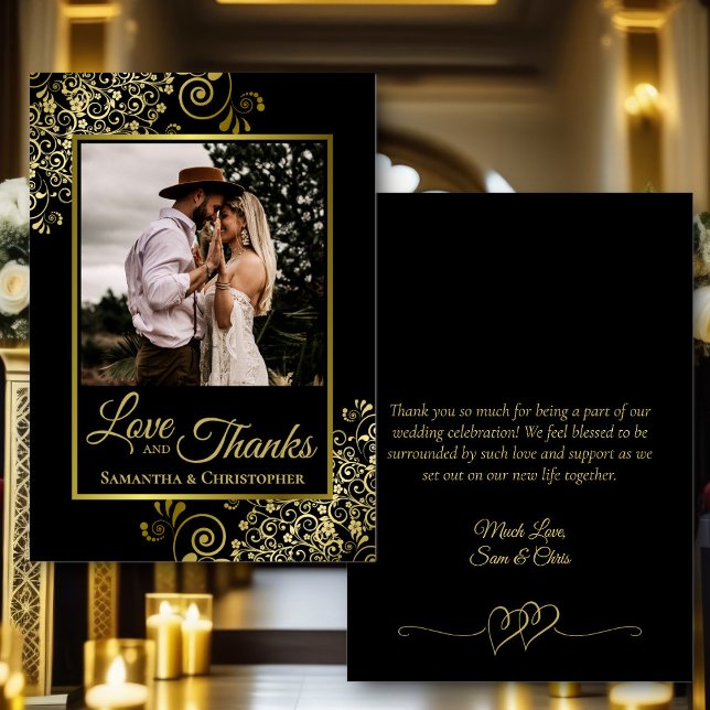 Carte De Remerciements Black & Gold Love & Thanks Photo & Note Mariage (Front/Back)