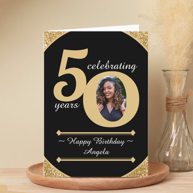Carte De Remerciements Black & Gold Parties scintillant 50 Cinquante ans  (Black & Gold Glitter 50 Fifty Years 50th Birthday Thank You Card)
