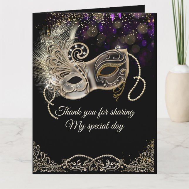 Carte De Remerciements Black Gold Purple Masquerade (Devant)