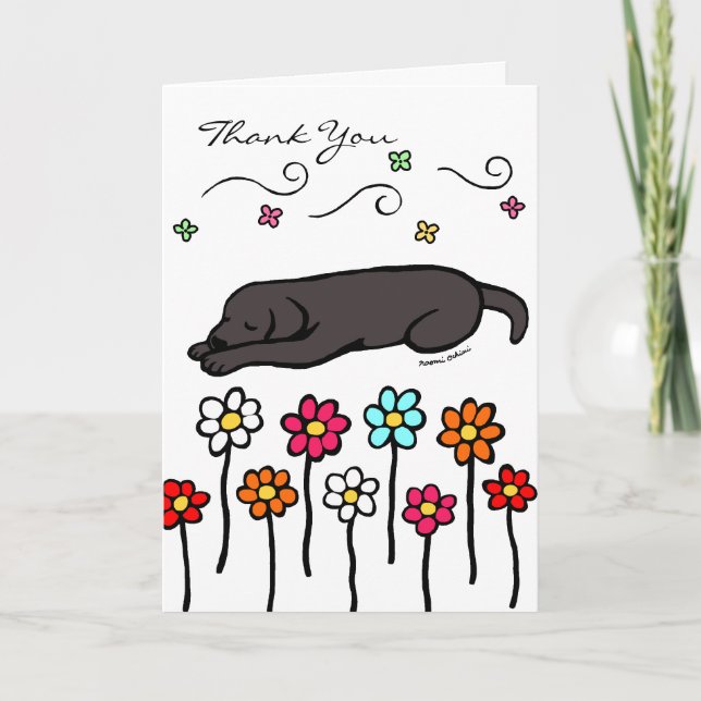 Carte De Remerciements Black Labrador Sleeping in Garden (Devant)