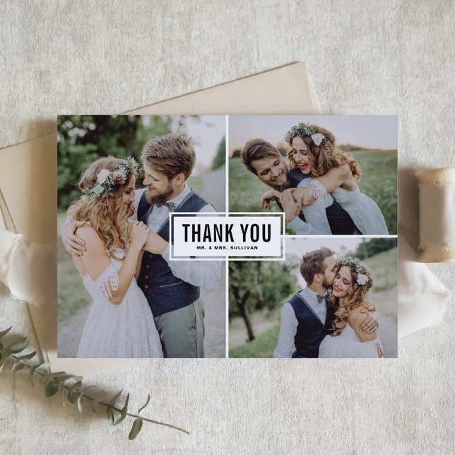 Carte De Remerciements Black Modern Trois Photo Mariage Collage (Créateur téléchargé)