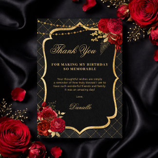 Carte De Remerciements Black, Red and Gold Flat Birthday Thank You Card