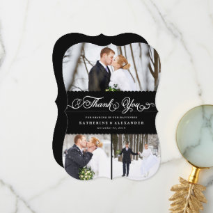 Carte De Remerciements Black Scallop Band Élégant Script Mariage 3 Photo