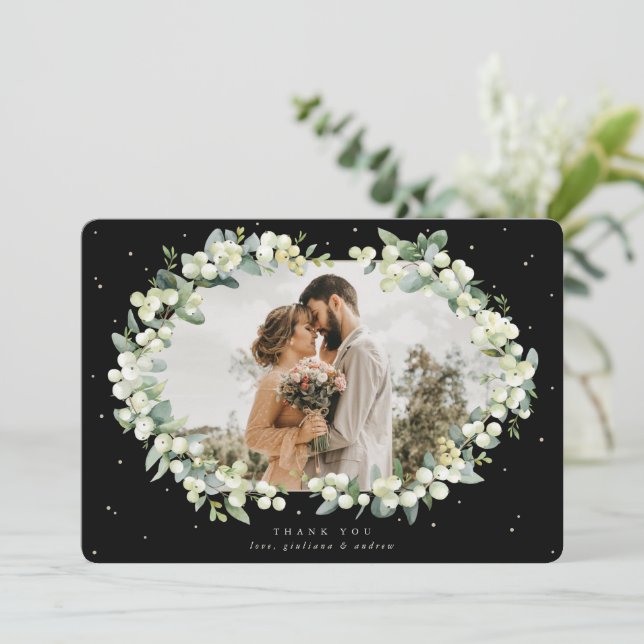 Carte De Remerciements Black Snowberry+Eucalyptus Mariage Flat Photo (Debout devant)