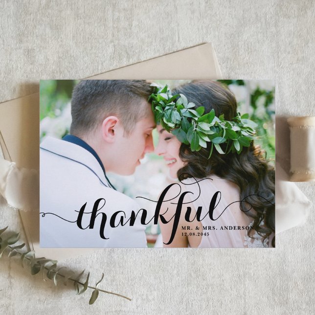 Carte De Remerciements Black Thankful Moderne Calligraphie Mariage photo (Créateur téléchargé)