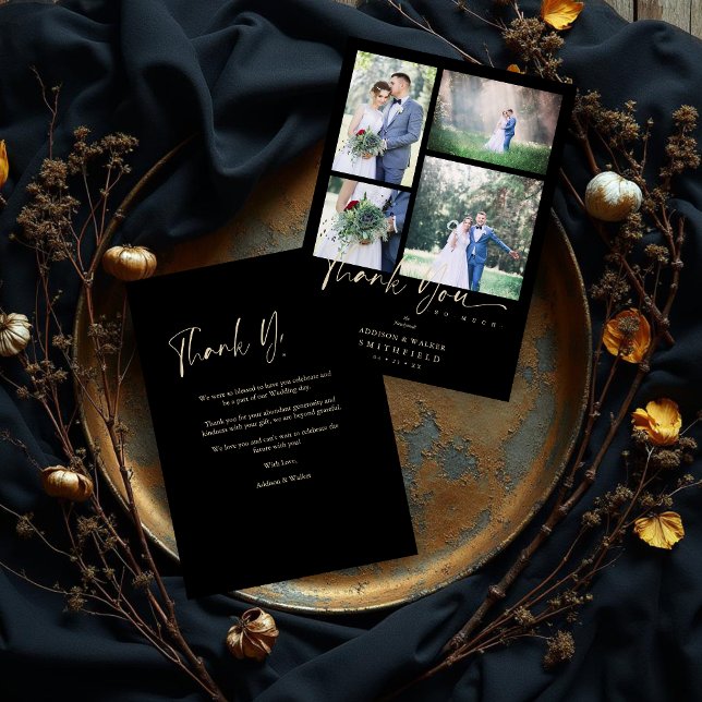 Carte De Remerciements Black Trendy Collage Mariage 4 Photos (Black Trendy Collage Wedding 4 Photos Thank You Card.)