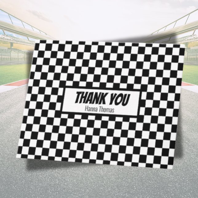 Carte De Remerciements Black White Check Motif Racing thème Anniversaire (racing theme thank you card personalized)