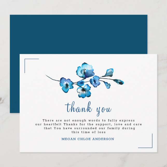 Carte De Remerciements Blanc avec Fleurs Rustiques Bleues Aquarelle (Devant / Derrière)