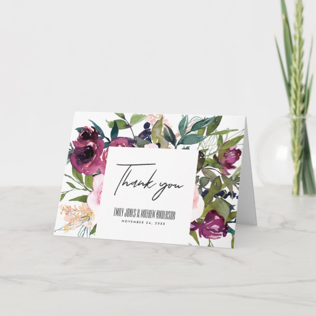 CARTE DE REMERCIEMENTS BLANC BLANC BURGUNDY VERT MARIAGE FLORAL BUNCH (Devant)