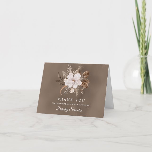 Carte De Remerciements Blanc Floral Neutre Automne 90e anniversaire (Devant)