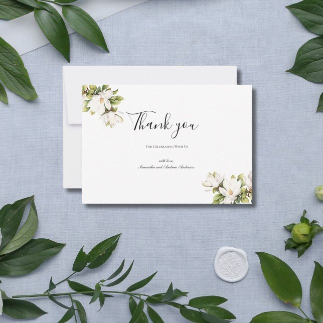 Carte De Remerciements Blanc Magnolia Floral Élégant Mariage formel (White Magnolia Floral Greenery Elegant Wedding Thank you card)