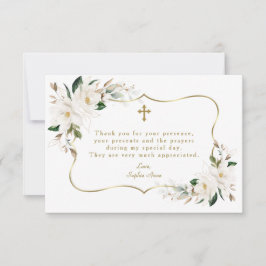 Carte De Remerciements Blanc Magnolia Floral Gold Frame Croix Baptême