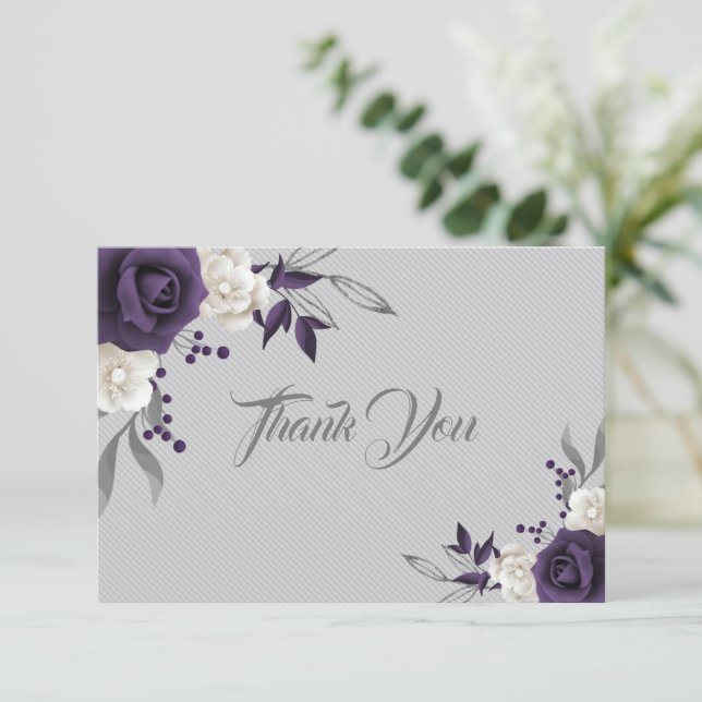 Carte De Remerciements blanc pourpre poussiéreux fleurs gris (Debout devant)