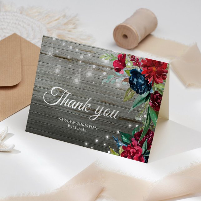 Carte De Remerciements Blanc Rustique Bois Bourgogne Floral Lumières Mari (Créateur téléchargé)