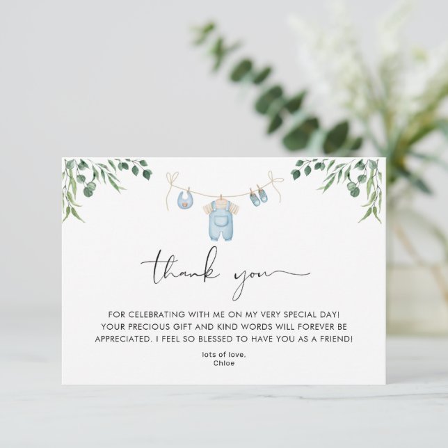Carte De Remerciements Blanchisserie Baby shower bleu verdure (Debout devant)