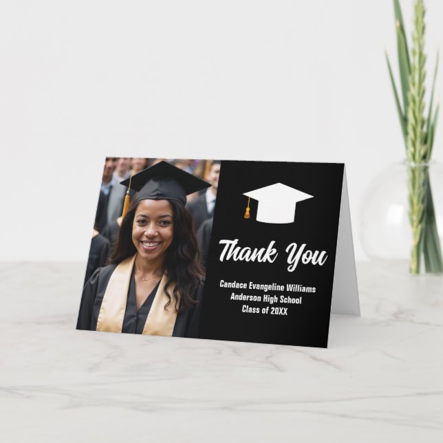 Carte De Remerciements Blancs Chic noir Diplômé Photo Graduation Plié (Devant)