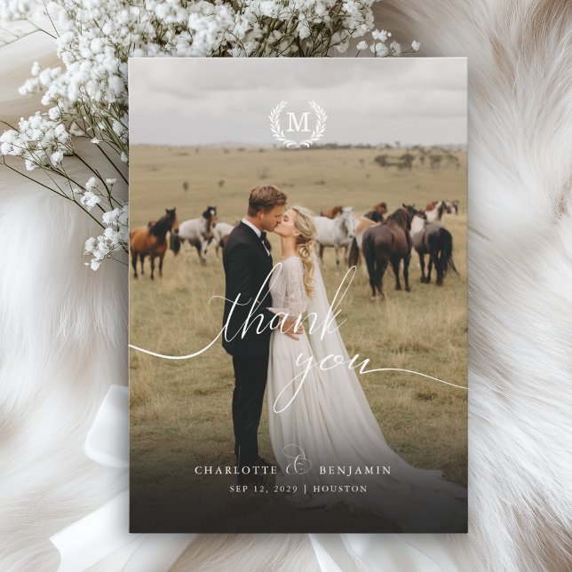 Carte De Remerciements Blason élégant Monogramme 2 Photo (Elegant Crest Monogram 2 Photo Thank You Card)