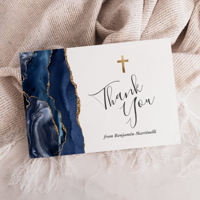 Carte De Remerciements Bleu Agate Or Première Communion Remerciements (Créateur téléchargé)