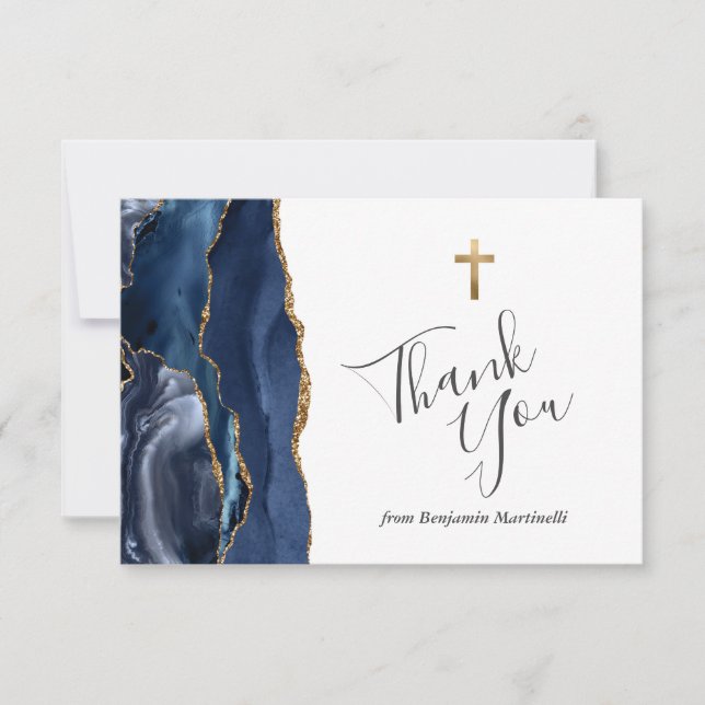 Carte De Remerciements Bleu Agate Or Première Communion Remerciements (Devant)