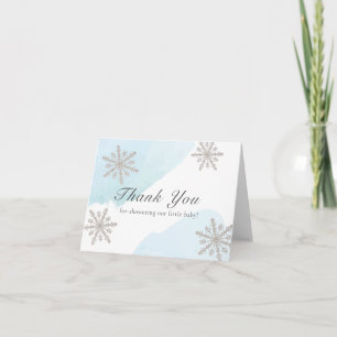 Carte De Remerciements Bleu Aquarelle Baby shower de flocons d'argent