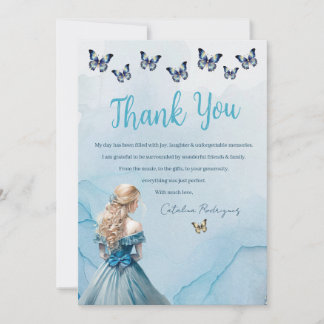 Carte De Remerciements Bleu Beurre d'or Princesse Quinceañera