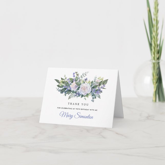 Carte De Remerciements Bleu blanc floral 90e anniversaire Photo (Devant)