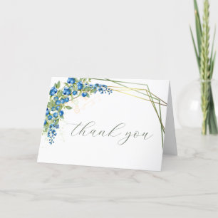Carte De Remerciements Bleu, Bleu Fleur sauvage Faux Gold Frame
