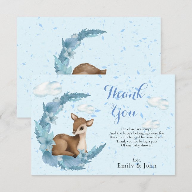 Carte De Remerciements Bleu Brown Petits nuages Bambi Poussière demi-lune (Devant / Derrière)